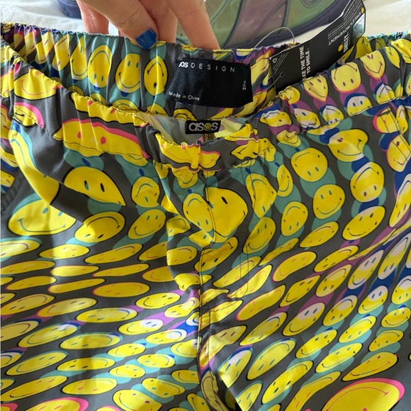 ASOS Yellow & Purple Wide Leg Pants with Smiley Print - Picture 2 of 3